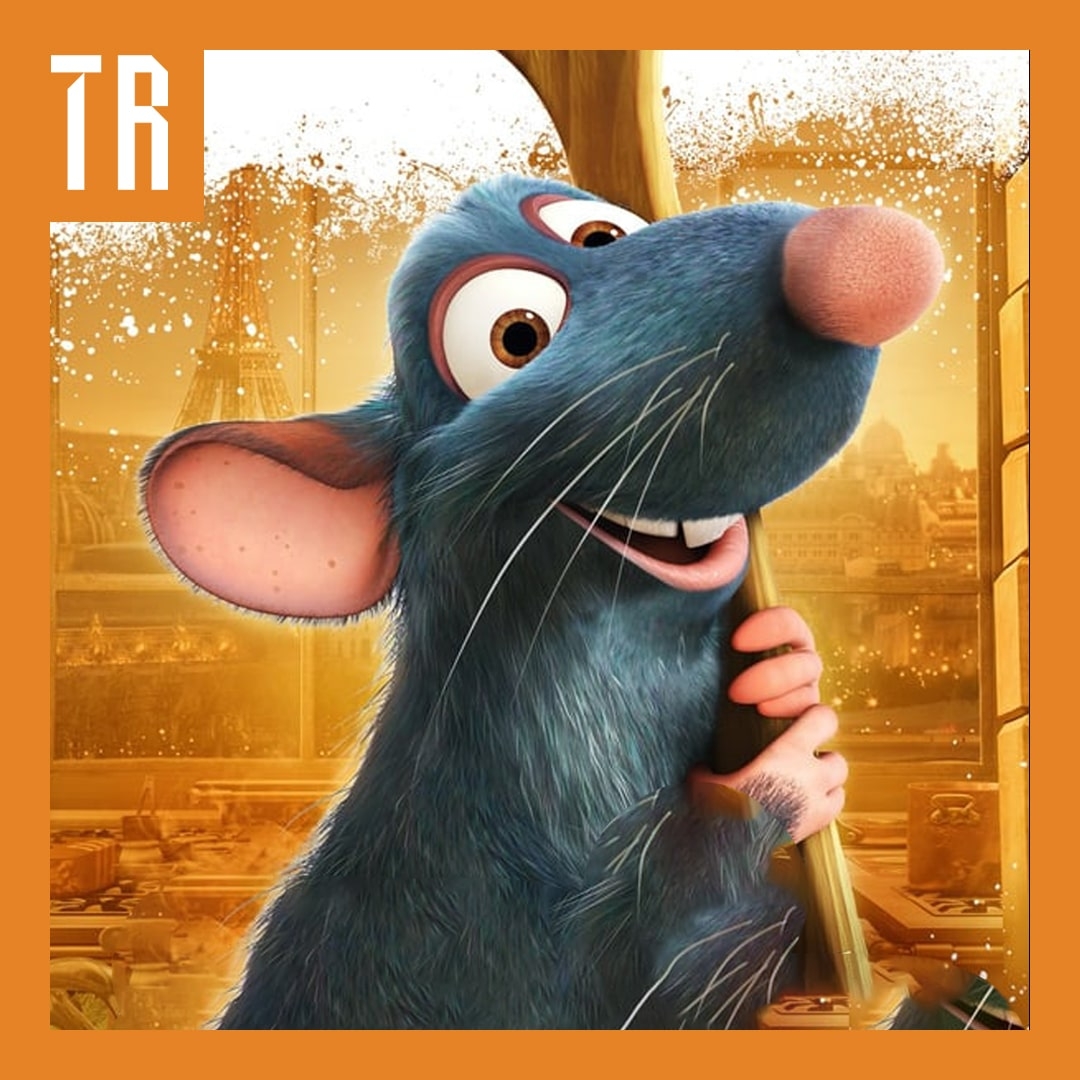 Image: ©2024 Disney A grey cartoon rat looks directly at the viewer with a smile on their little face. It is advertising the movie, Rataouille