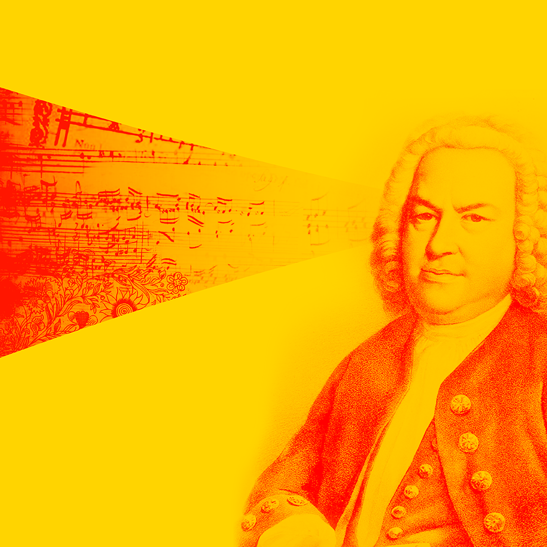Allegri Ensemble presents A yellow an orange graphical image of Bach the musician