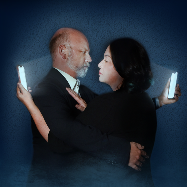 Much Ado About Nothing hero image A middle ages couple stand in a loose embrace, they each look over the others shoulder to a phone