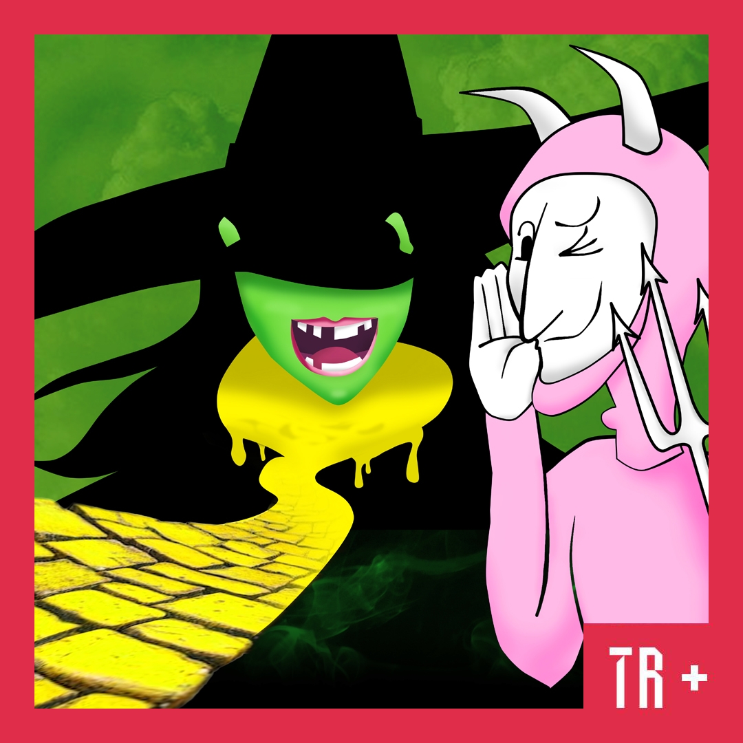 A graphic image similar to the stage show Wicked, of a witch on a lime green background.