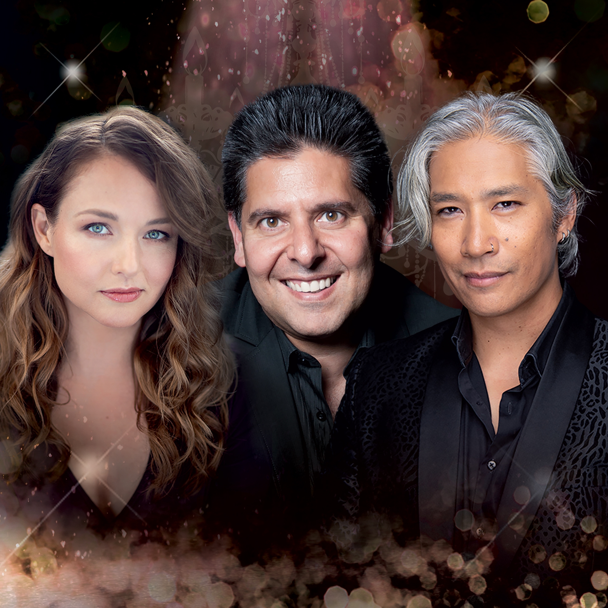 Music of the Night hero image A glamourous portrait of onw woman and two men, on a black background with gold overtones