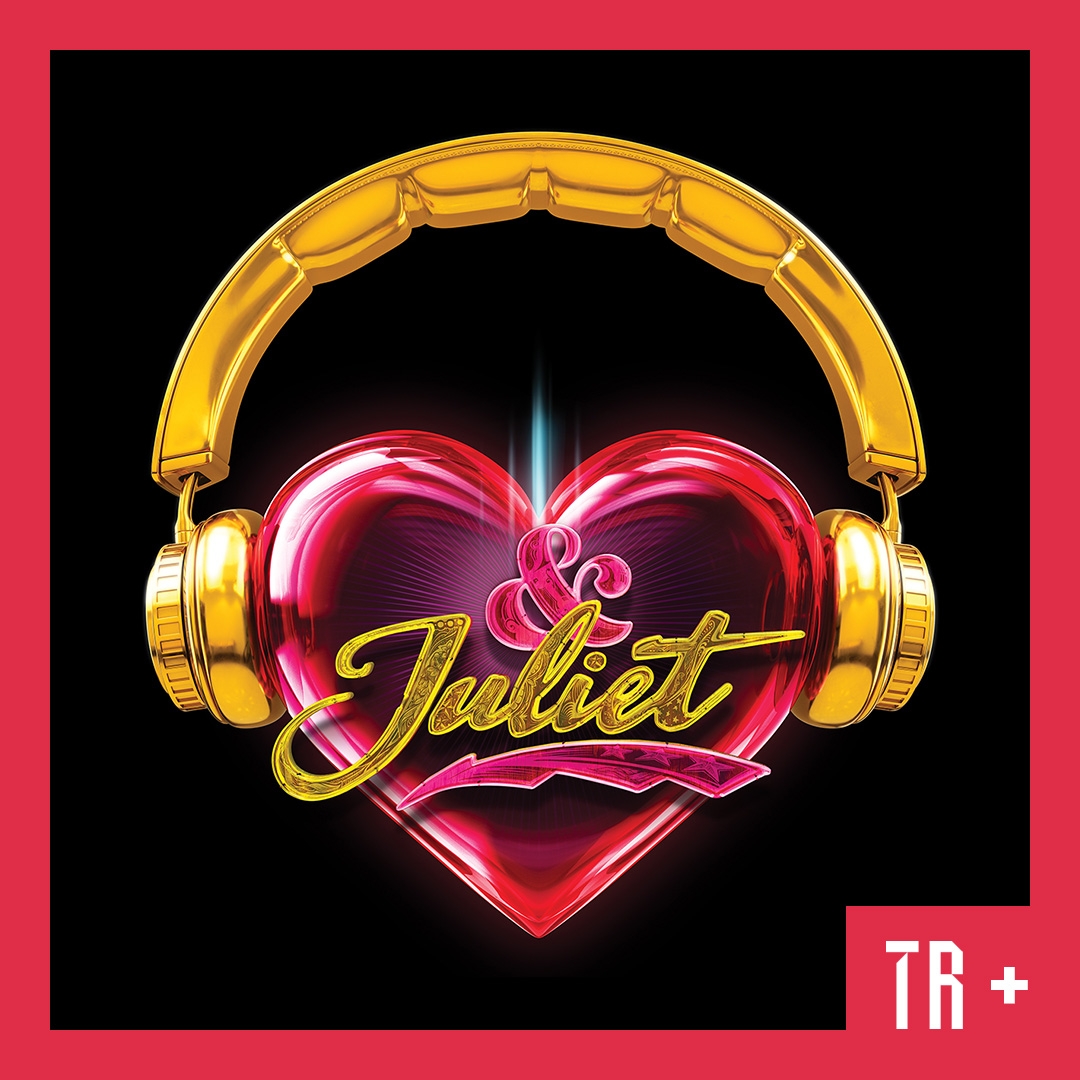 A bold colourful metalic graphic on a black background of a pink heart wearing gold headphones overlaid with the words & Juliet
