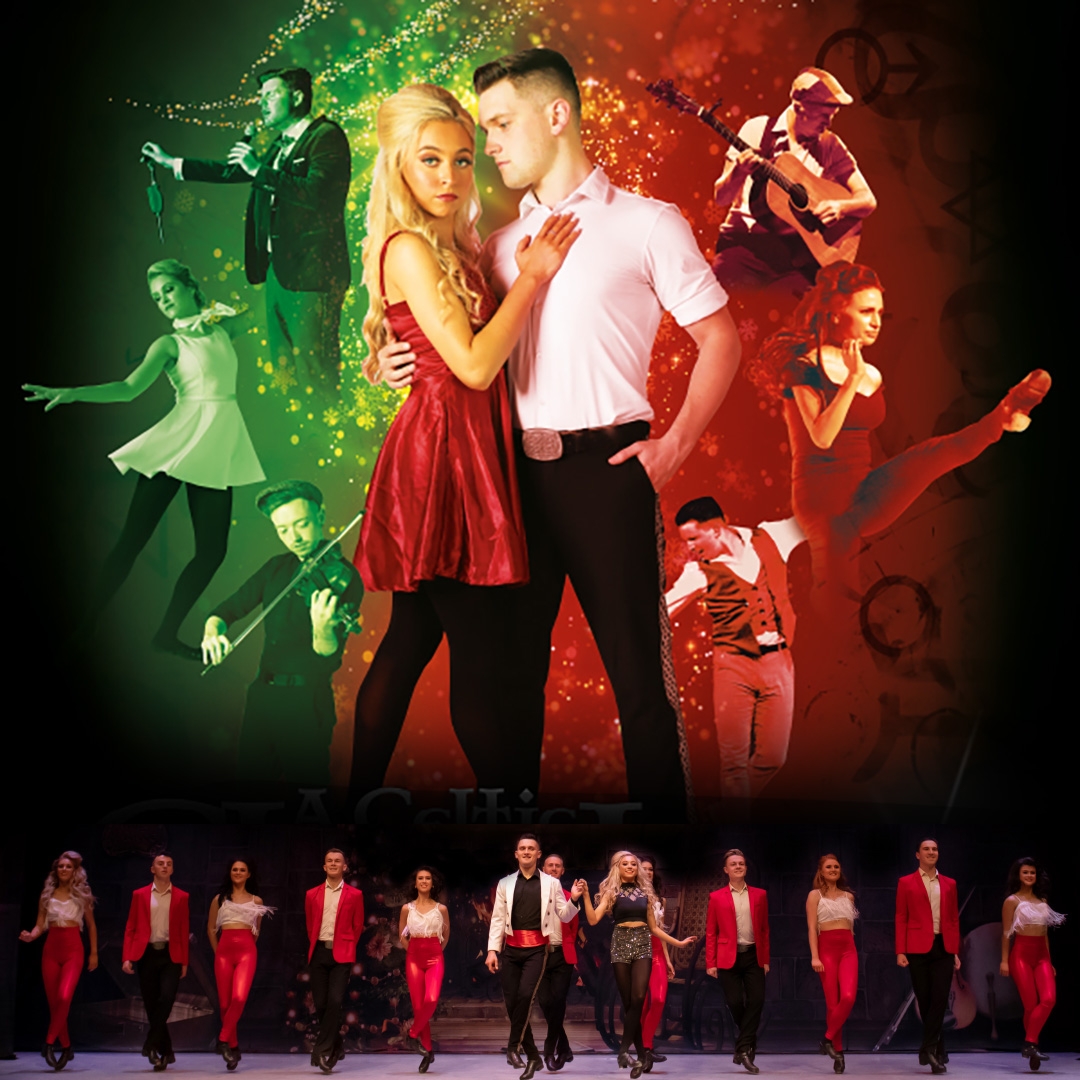 A Celtic Christmas hero image A collage of photos featuring performers from a large Irish dance and culture troupe