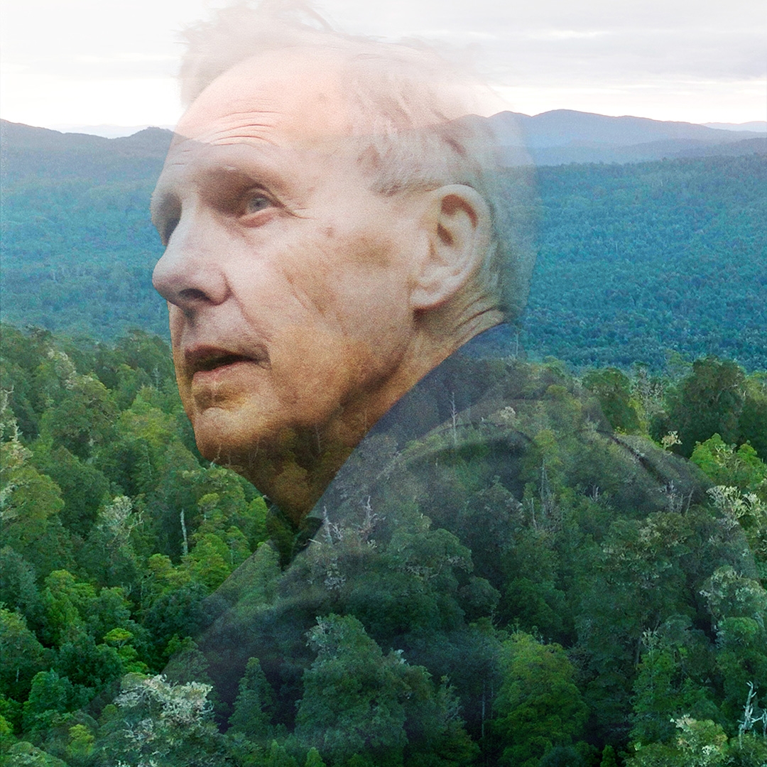 Bob Brown film hero An head shot of Bob Brown is overlaid over a photo of Tasmanian forest wilderness