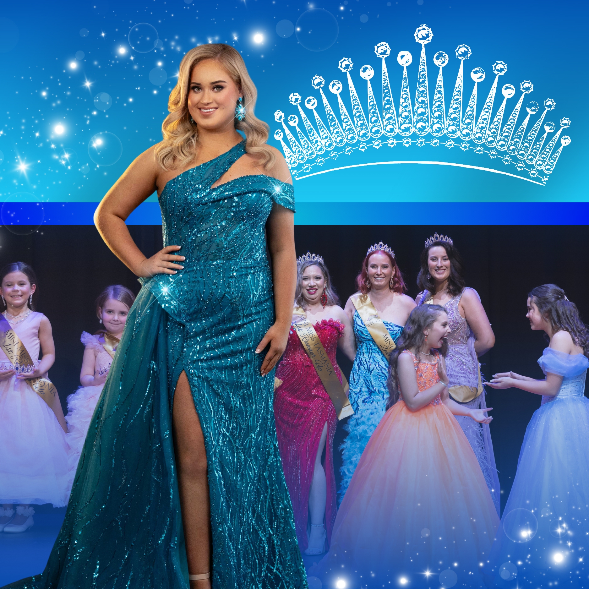 A young woman in a glamorous gown stands in the foreground, in the background is a group of young beauty pagent entrants