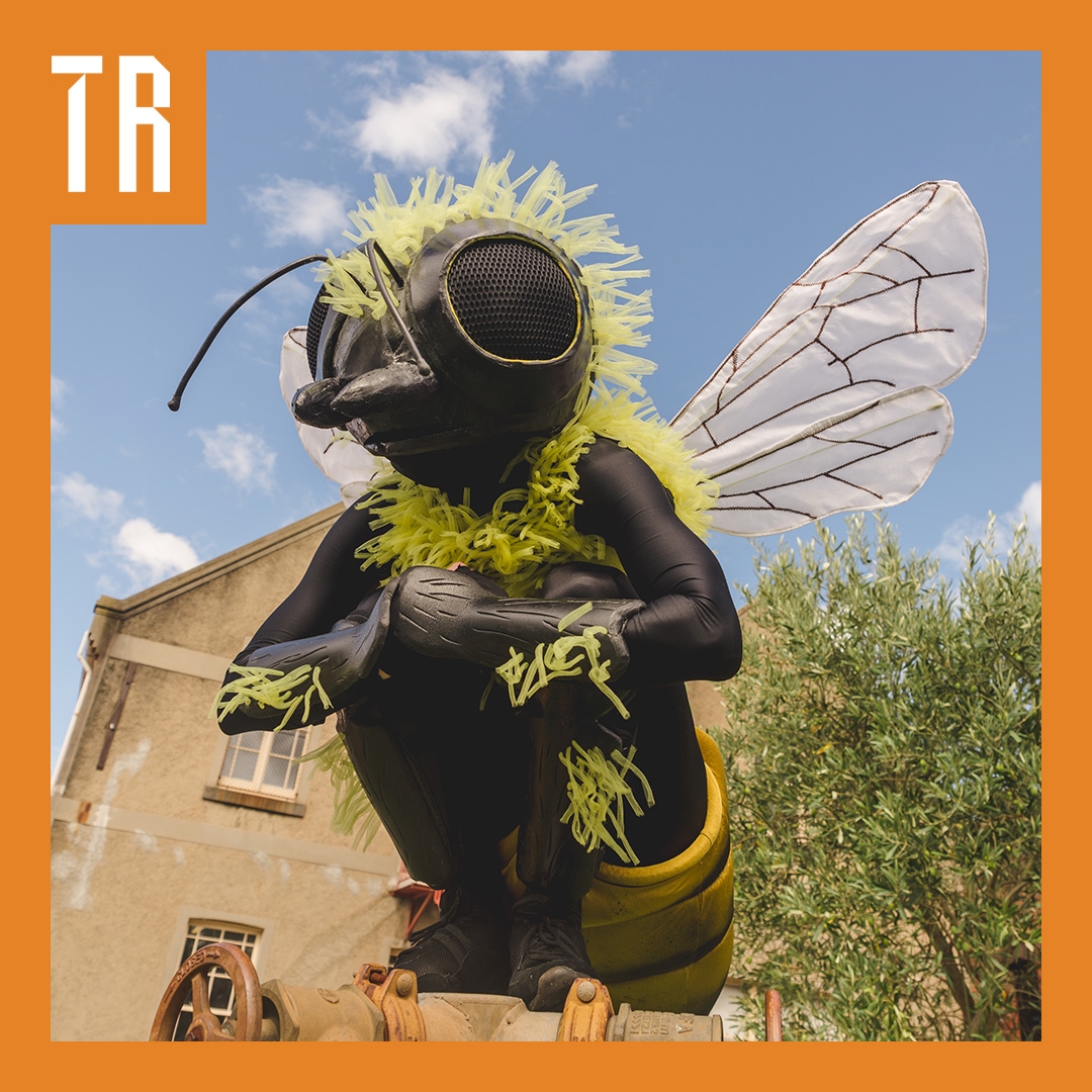 Photo: Theresa Harrison An adult sized character of a bee perches atop a rock