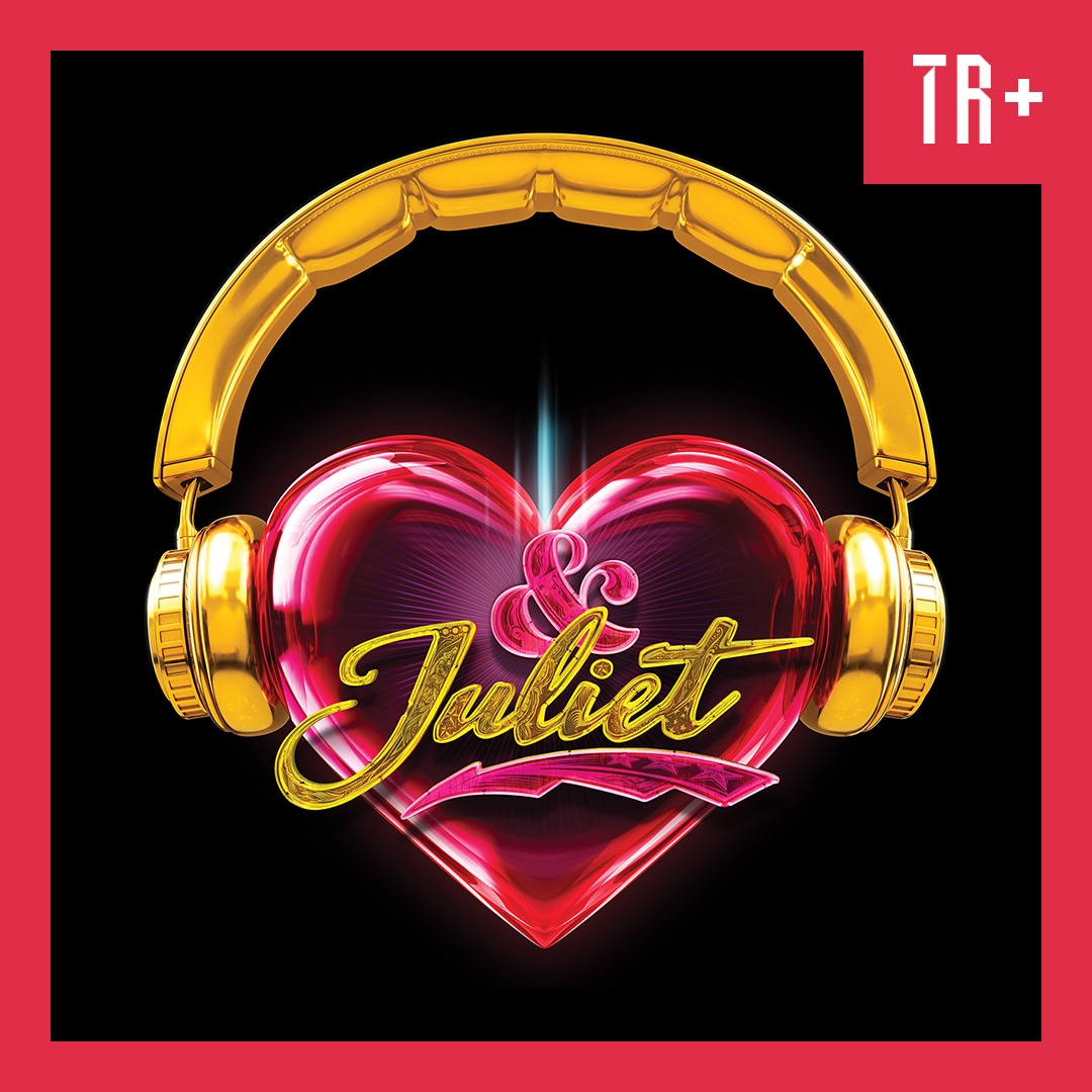 A bold colourful metalic graphic on a black background of a pink heart wearing gold headphones overlaid with the words & Juliet