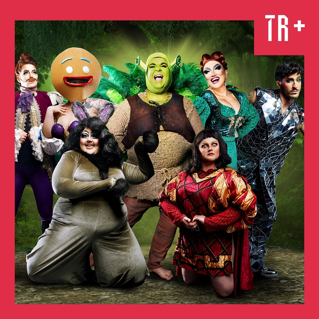 A group of performers look to the viewer. They are all wearing amazing costumes and the central character is dressed up to look like Shrek.