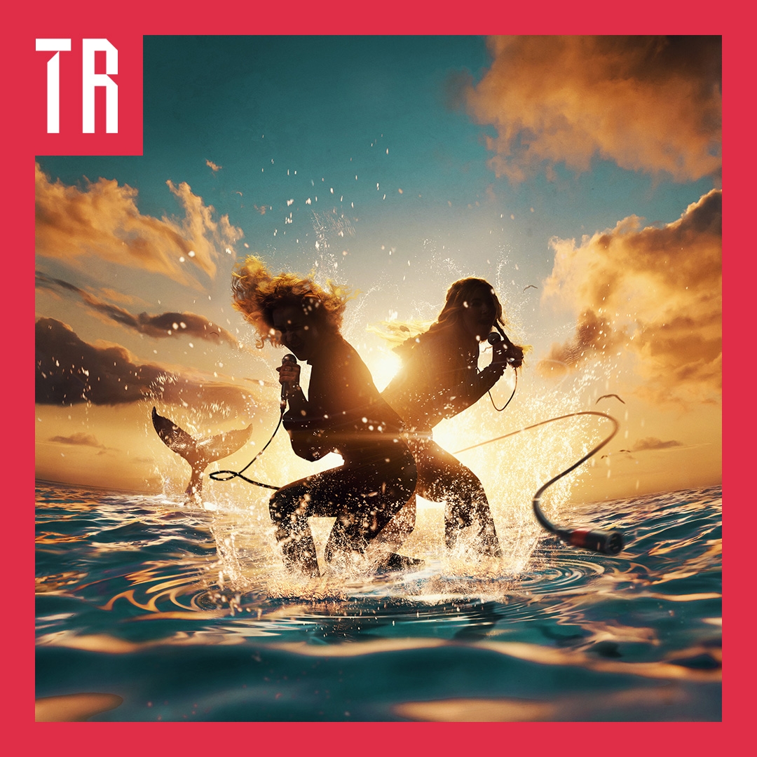 A fantastical image featuring 2 silhouettes or human/mermaid like characters bursting out of the water with microphones