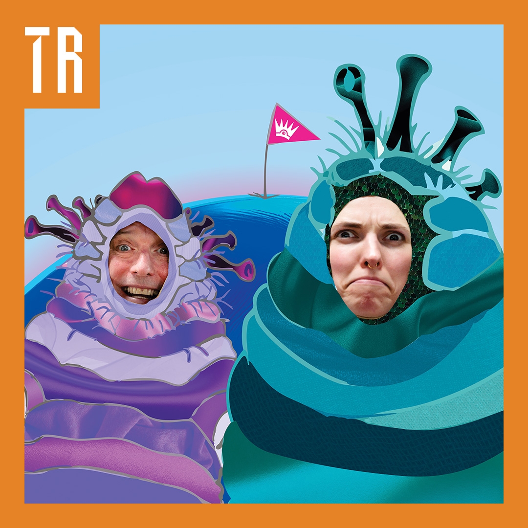 Two strange worm like anumated creatures with human faces. One is happy one is grumpy