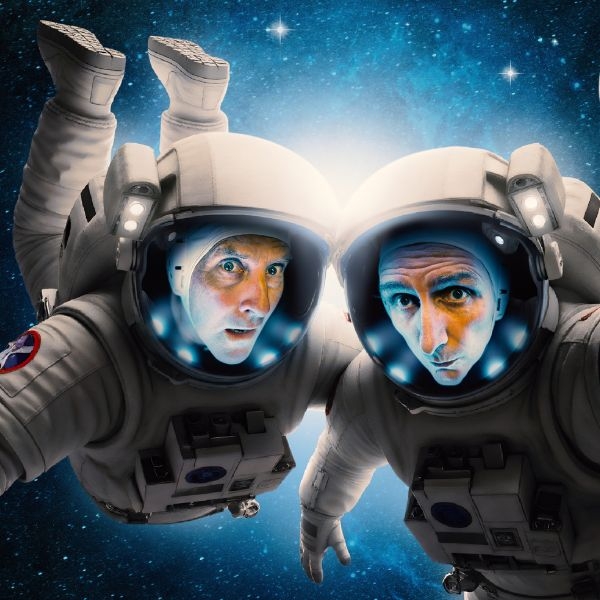 Australian comedians Lano and Woodley and dressed as astronaughts floating in space.