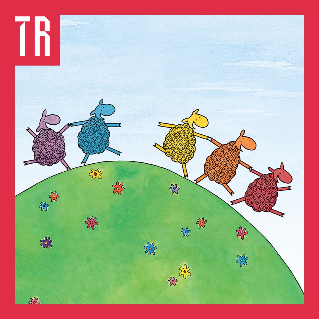 Five colourful illustrated sheep frolic over a hill