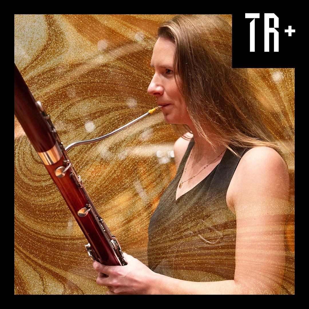 A close up image of a woman playing an oboe, overlaid with a golden fabric like texture