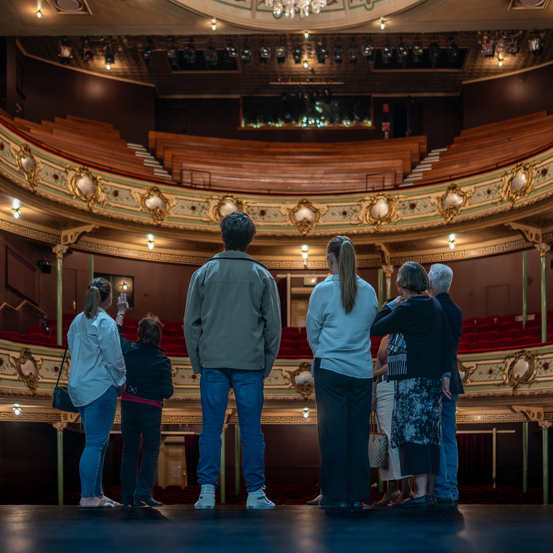 A group of people stand on the Theatre Royal stage gazing out to the seats. Their backs are towards us. The Theatre Royal seating is grand and majestic in the background