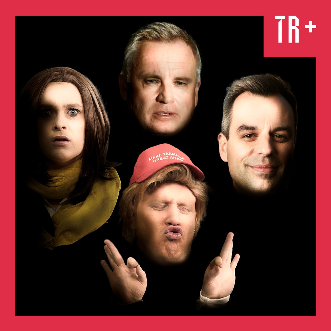 Four satirical faces emerge from a black background, they are political figures