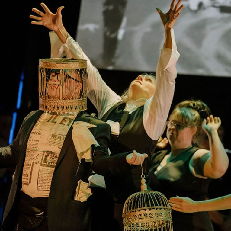 Second Echo Ensemble perform Relâche: The Last Dance on Earth. L-R: Aidan Chick, Kelly Drummond Cawthon and Elise Romaszko. Photo by Jesse Hunniford.