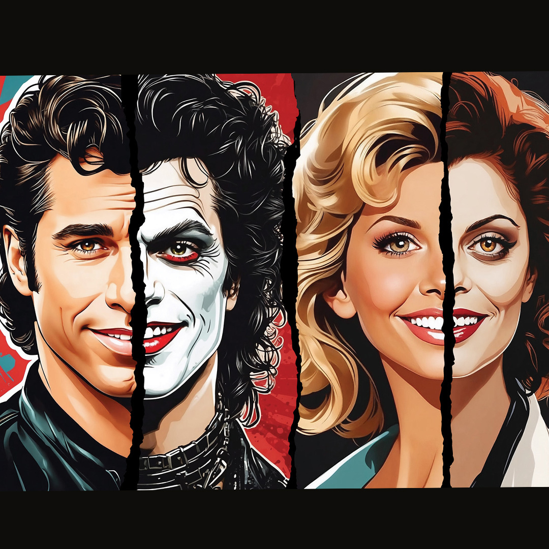 An illustrated image of two faces, one side are the main characters from Grease the other side is the characters from Rocky Horror