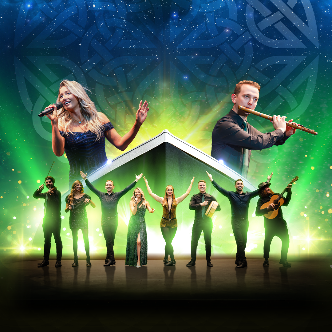 An ensemble of performers stand agains a back drop of colours similar to an aurora, with Celtic patters overliad