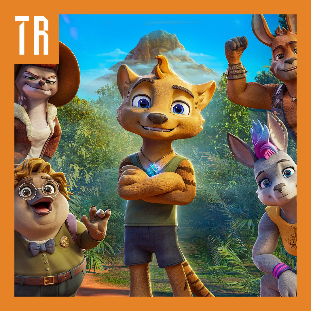 An illustration of group of tweenage aninmal friends with Teo the Tiger standing in the middle with arms crossed in a quietly confidant way