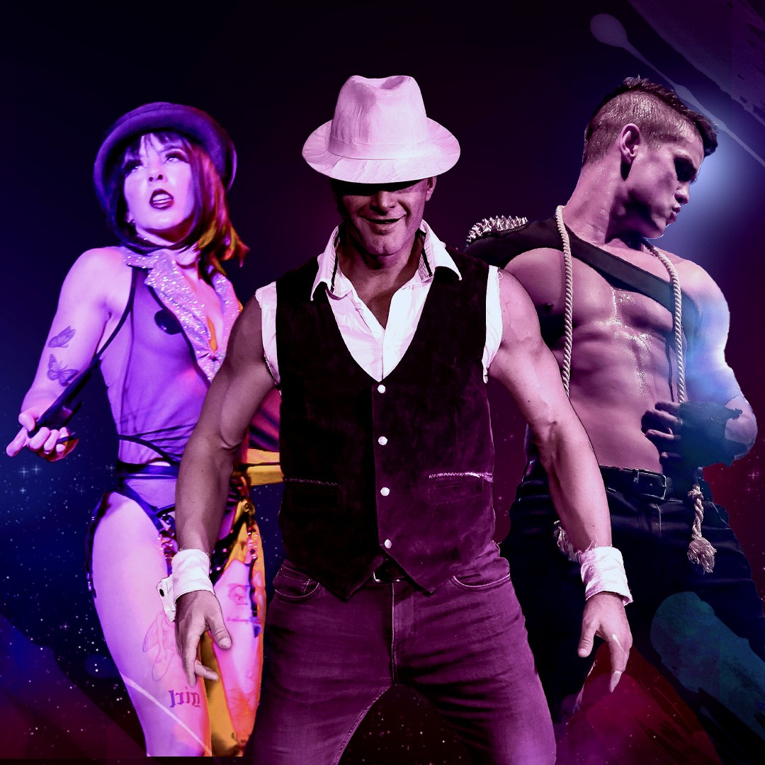 Three burlesqu dancers, two males and one female dancer