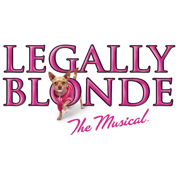 A pink font based logo that says Legally Blonde The Musical, with a little dog stepping through the o in blonde