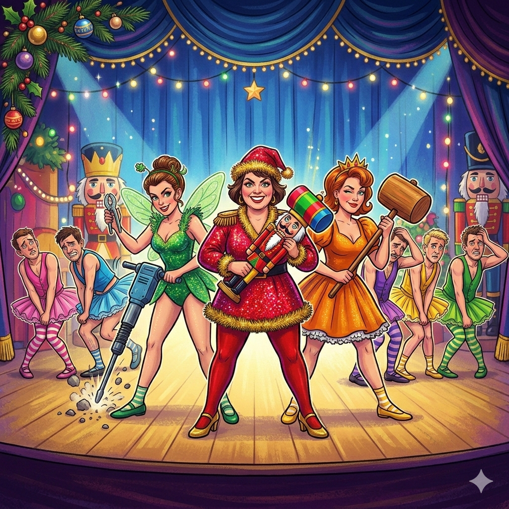 A cartoon illustration of actors on a stage