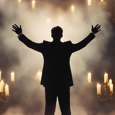 A silhouette of a man with his hands in the air. There are candles and smoke in the background.