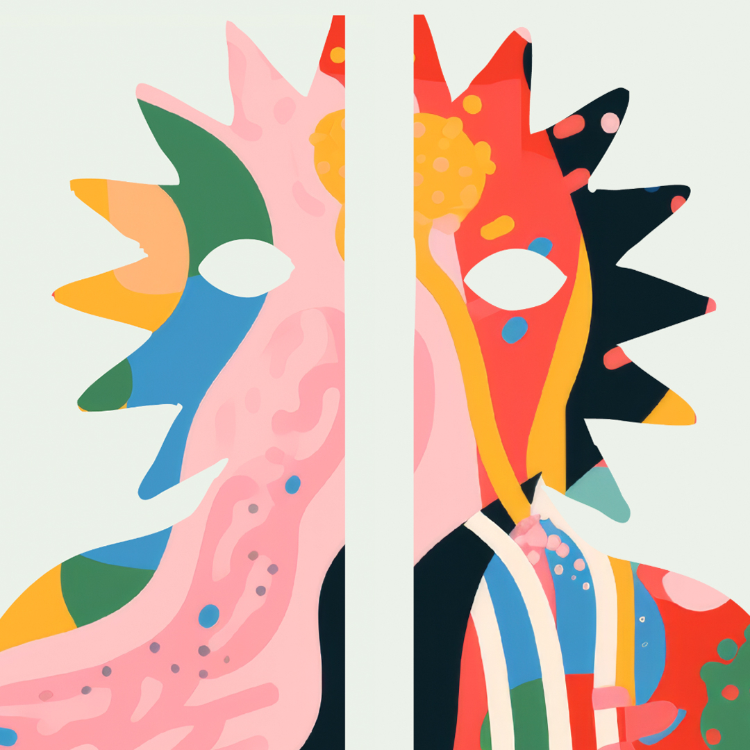 A brightly coloured figure is split in two. It looks to be painted in bright colours, has spiky hair and sits on a pale green background.