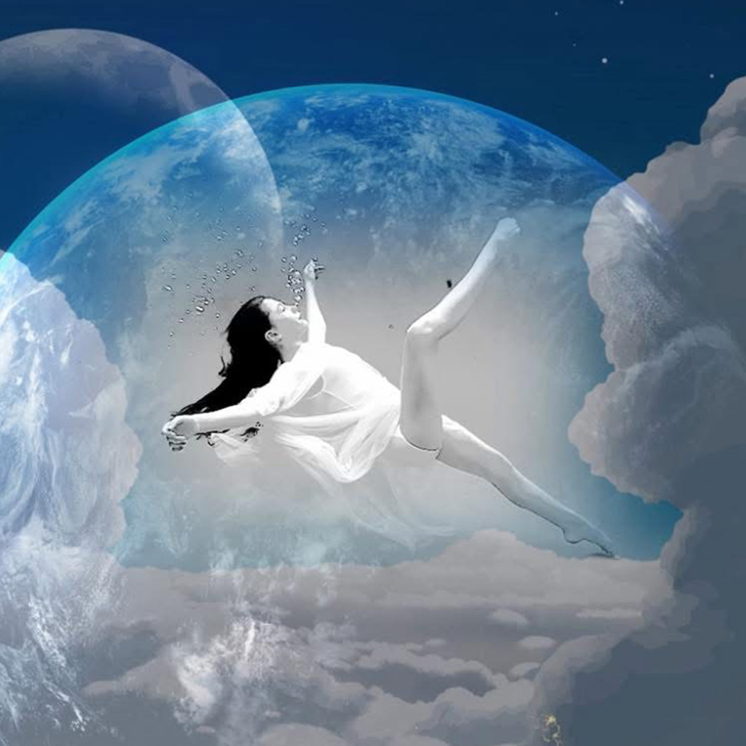 A young girl dressed in white appears to be falling peacefully through the clouds
