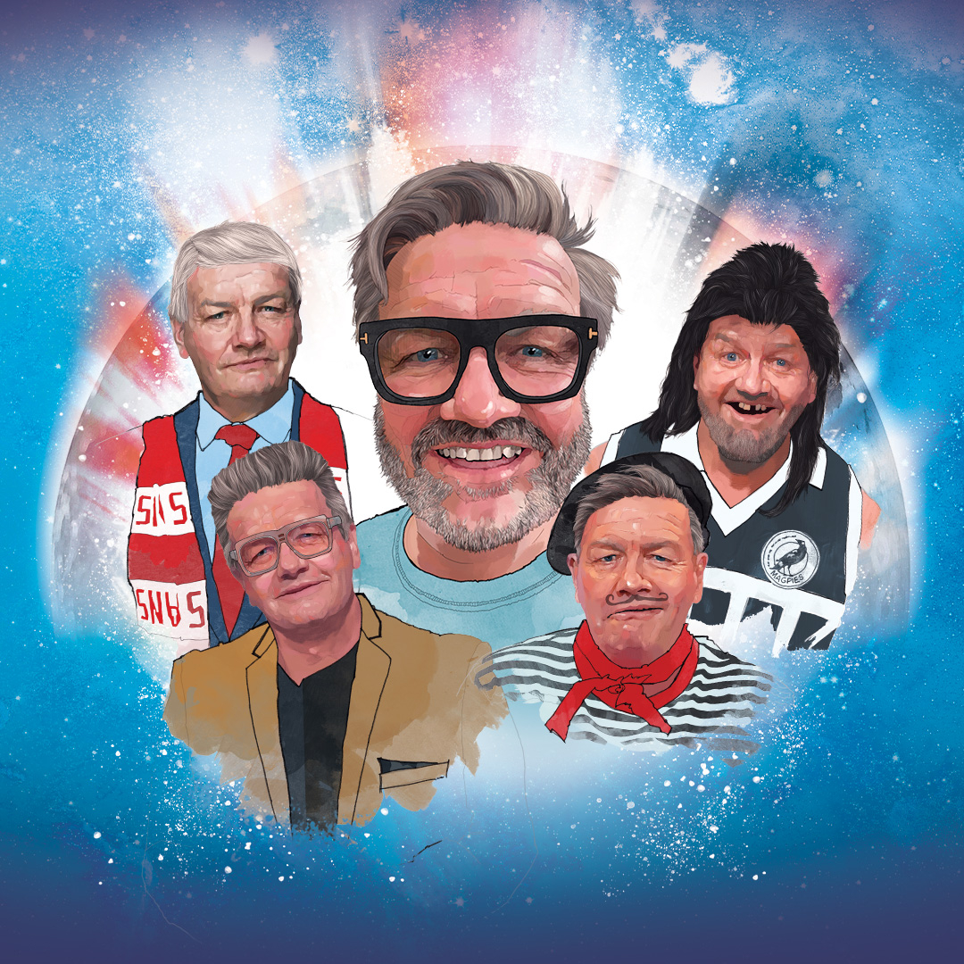 An illustration of comedian Lawrence Mooney surrounded by illustrations of comedic characters he plays