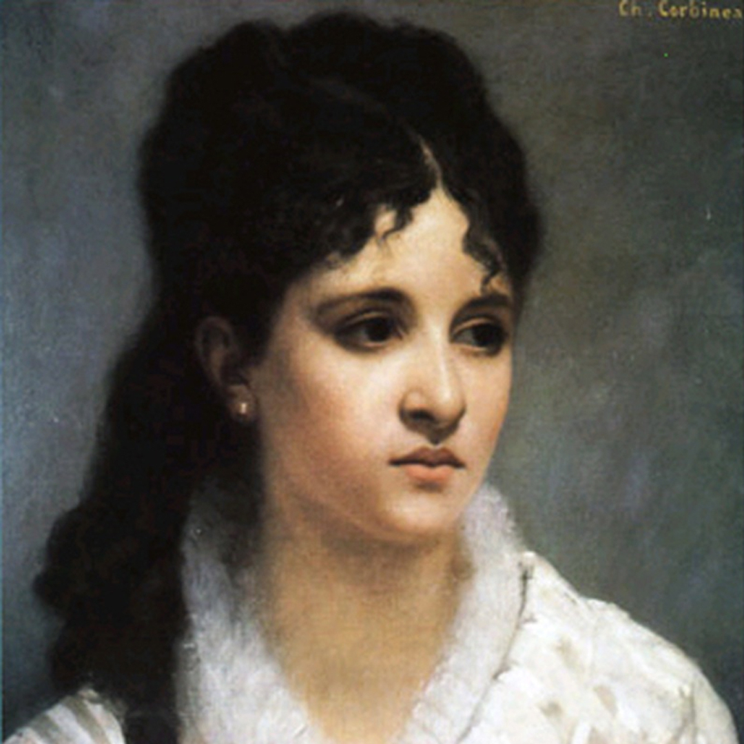 An image of a painting of a woman with dark hair. She looks to the right of the image. She has dark hair and wears a white item of clothing.
