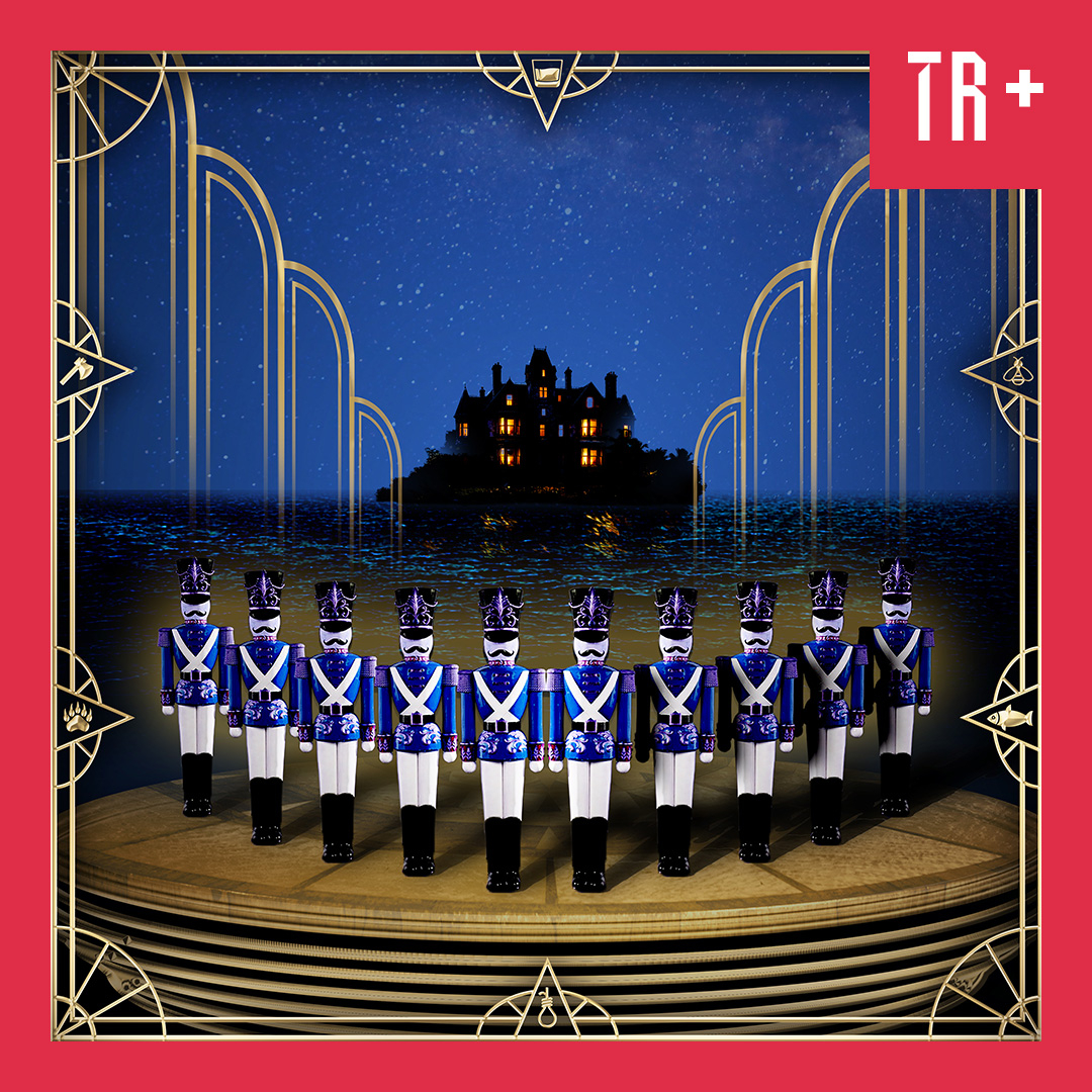 An illustration of toy soldiers dressed in blue standing in a semi circle shape