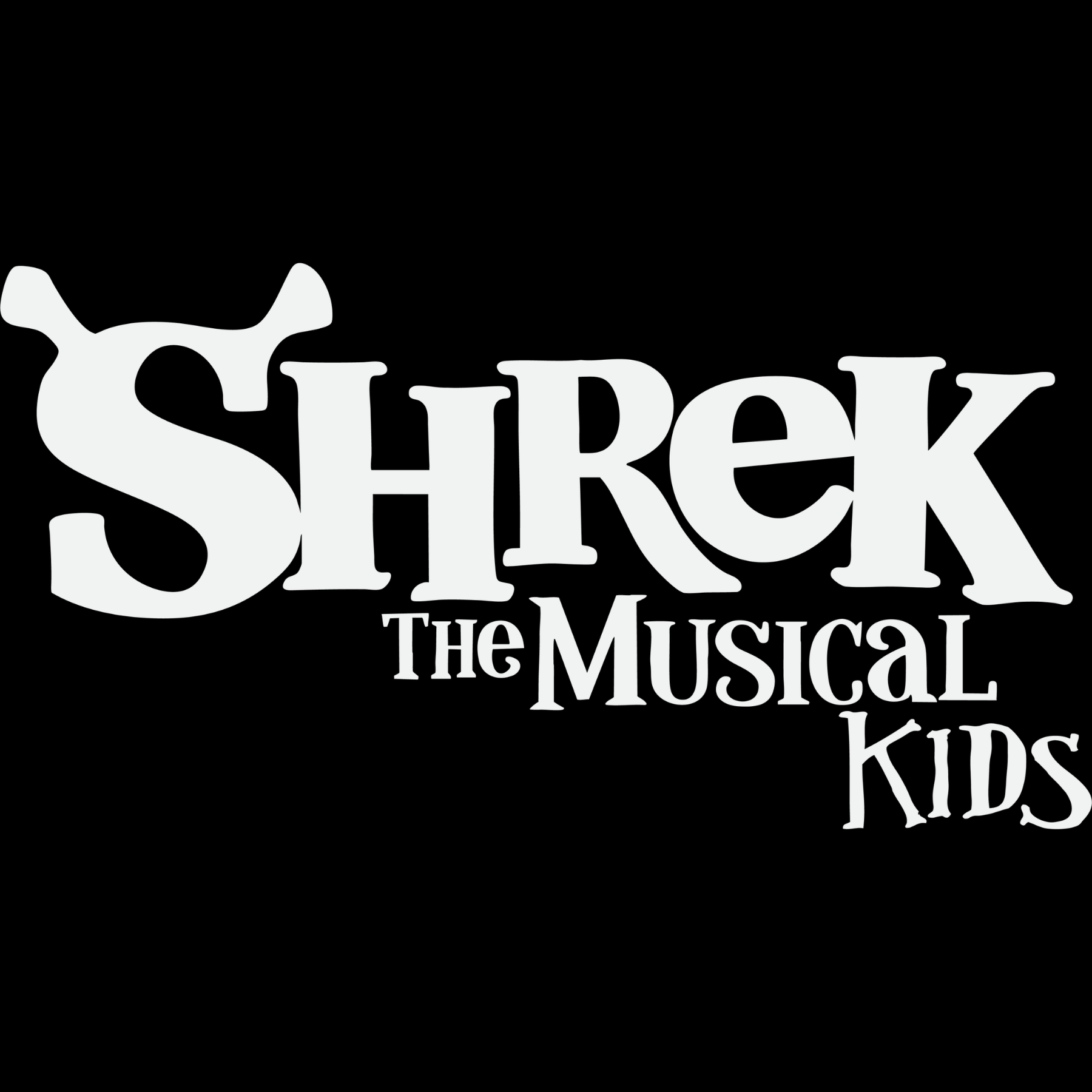 A black and white logo that says Shrek the Musical kids