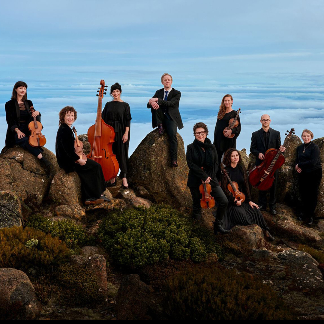 Van Diemen's Band stand atop a mountain holding their instruments looking directly to camera.