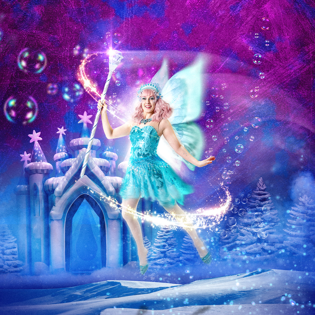 A colourful, cartoon like image of a blue and silver fairy holding a wand