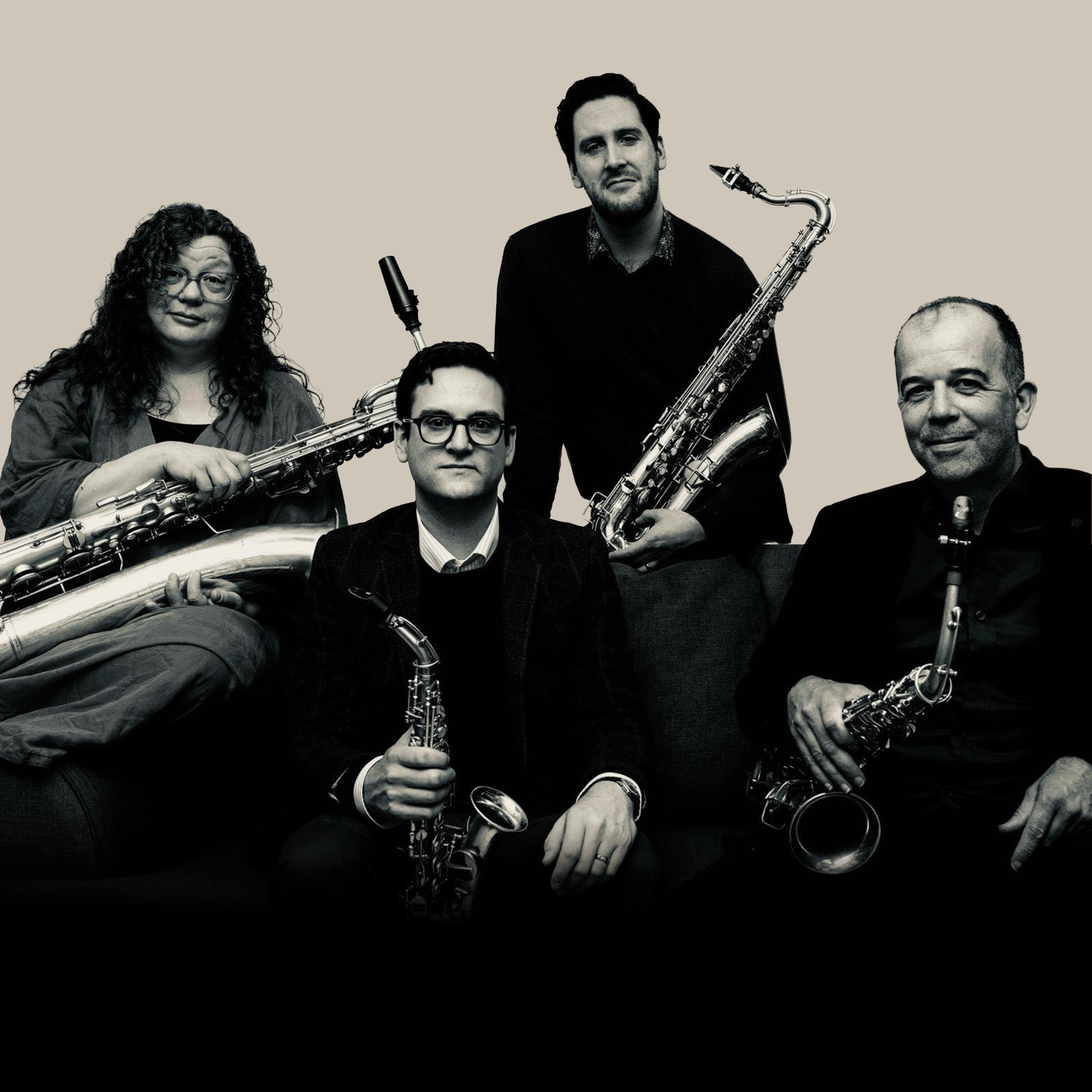 Xyris Quartet in black at white, holding their instruments and looking direct to camera