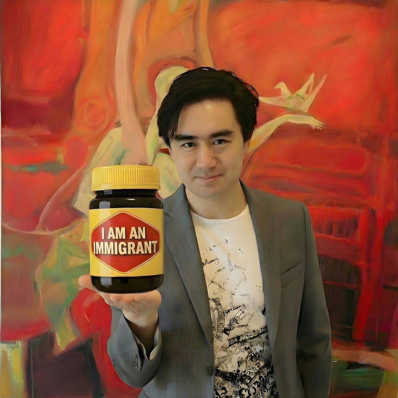 A young Asian looking man wearing a casual grey blazer and t-shirt holds and oversized jar or vegemite that says I am an Immigrant