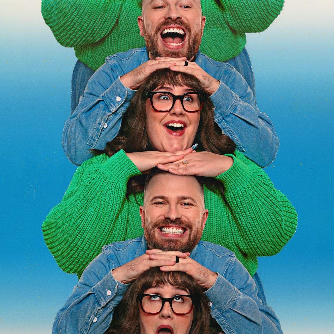 A portrait of Toni and Ryan, stacked vertically and repeated, wearing bright green sweaters and blue denim jackets, smiling and making playful faces against a blue background.