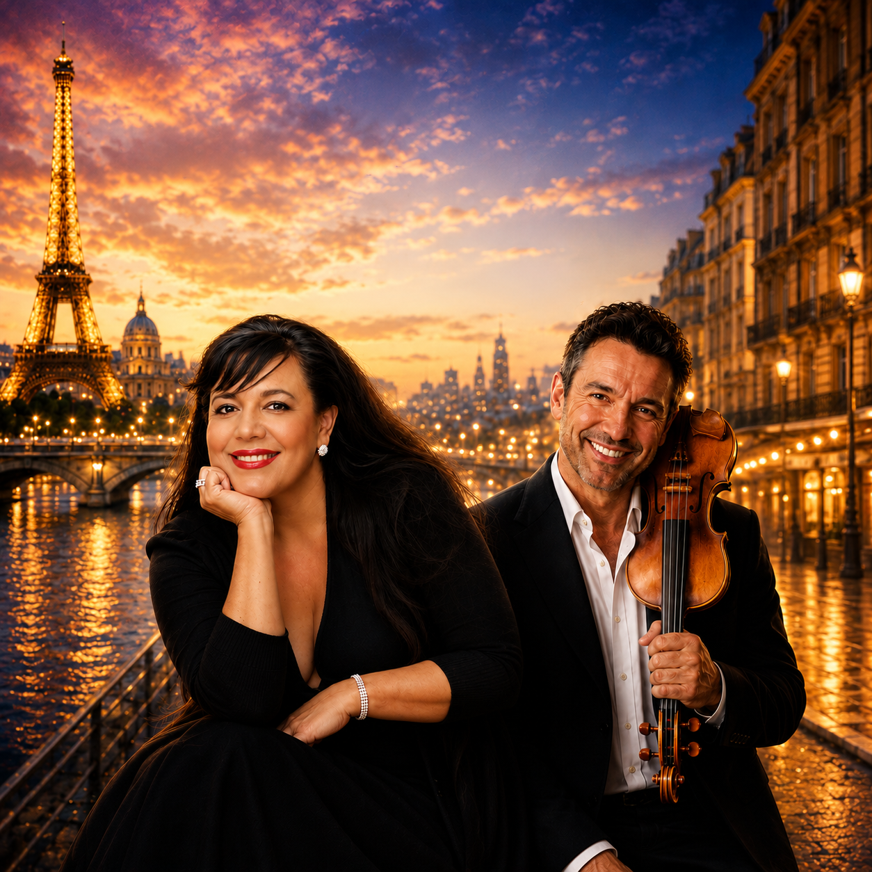 A smiling woman in black and a man holding a violin pose together against a glowing Paris sunset, with the Eiffel Tower, city buildings and the Seine River in the background.