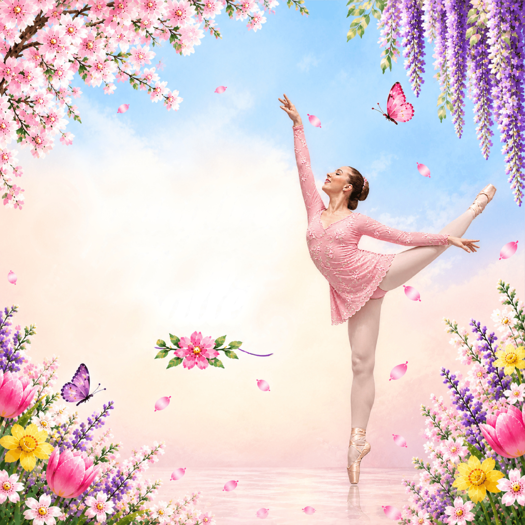 A ballerina in a pink dress performs an elegant arabesque pose against a pastel spring sky, surrounded by blooming cherry blossoms, wisteria, colorful flowers, butterflies, and drifting pink petals.