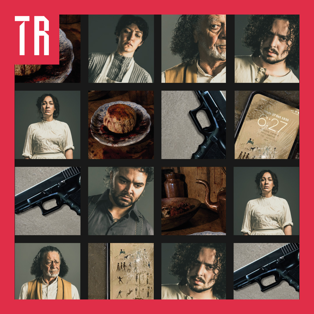 A 4-by-4 collage on a dark grid with a red border, featuring portraits of four people alongside close-up images of bread, a handgun, a clocked phone, and an illustrated manuscript. The collage has a stark, moody visual style, with the white “TR” logo in the upper-left corner.