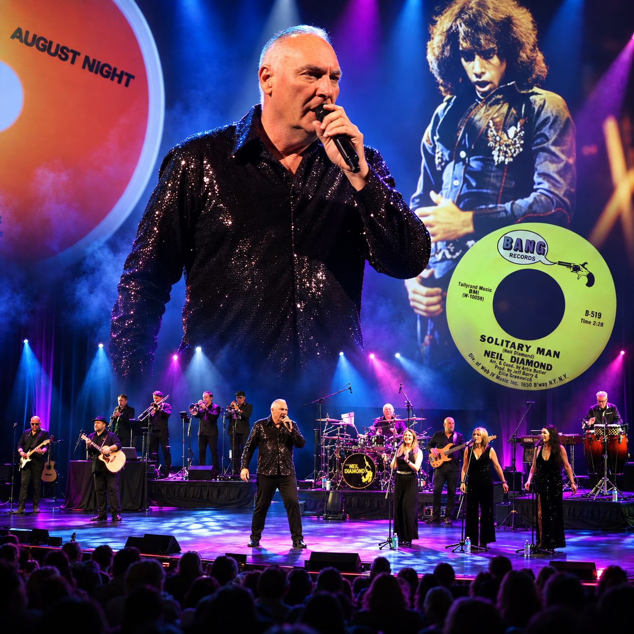 A male singer in a sparkling black jacket performs into a microphone on a concert stage, backed by a full band, backing vocalists, and an audience. Blue, purple, and pink stage lights illuminate the scene, while large background displays feature a portrait of a musician and a vinyl record labeled “Solitary Man” by Neil Diamond, with “August Night” signage visible at the left.