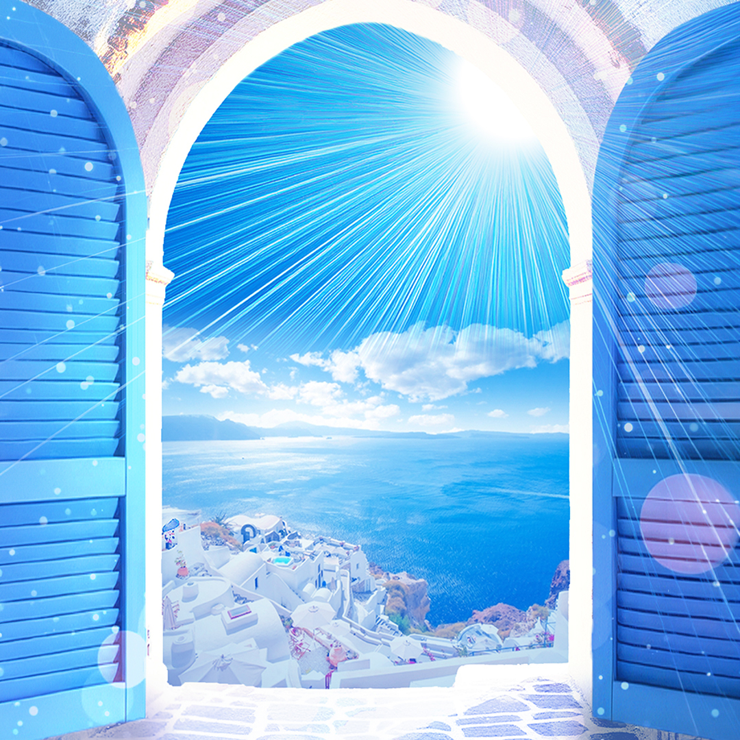 An image of an open window looking out to what looks to be Greece.
