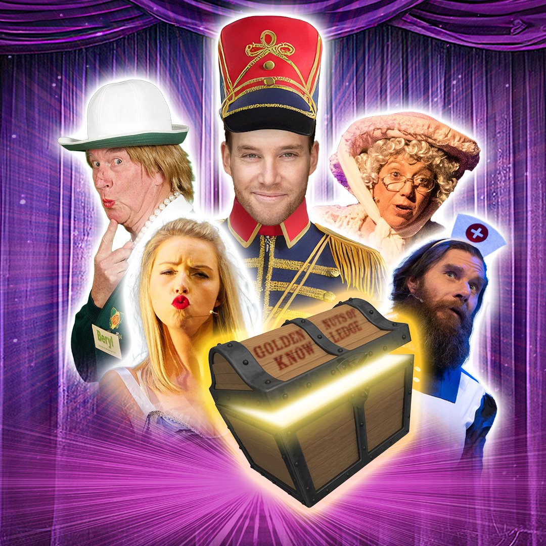 A group of faces pulling funny faces sits on a purple background. There is a half opened treasure chest that has a light shining out of it at the front of the montage of faces.