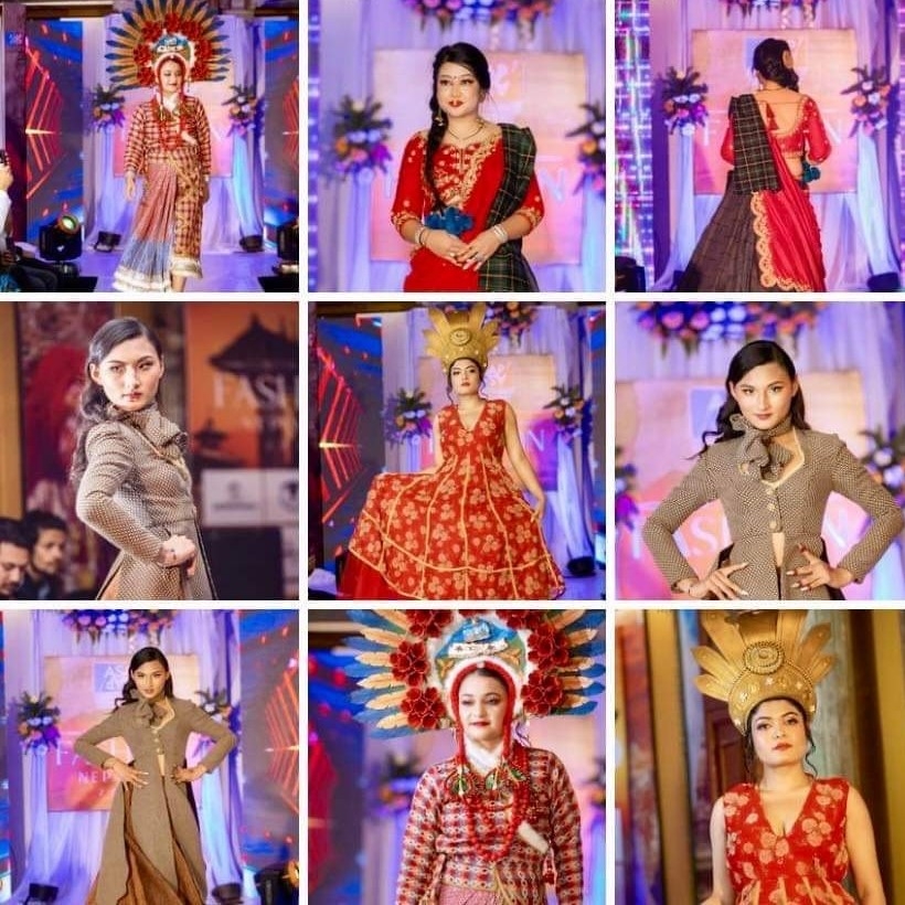 Heritage of Fashion A photo grid comprising of nine photos. Each photo is of a Nepalese woman in traditional clothes. Each woman is walking down a fashion runway.