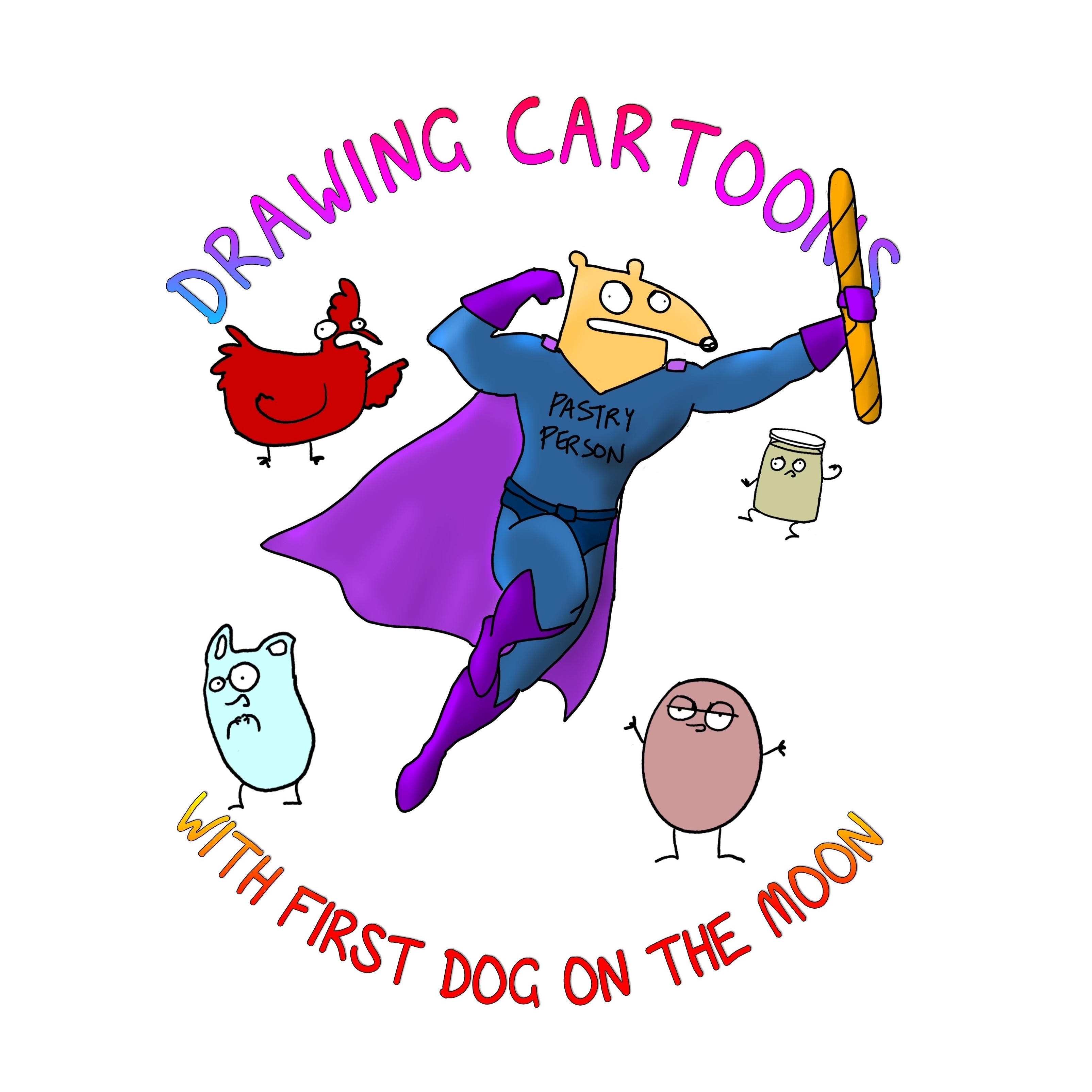 Drawing Cartoons with First Dog on the Moon Yellow carton marsupial in a blue and purple superhero costume, surrounded by colourful cartoon shapes and animals. The writing around the characters says Drawing Cartoons with First Dog on the Moon