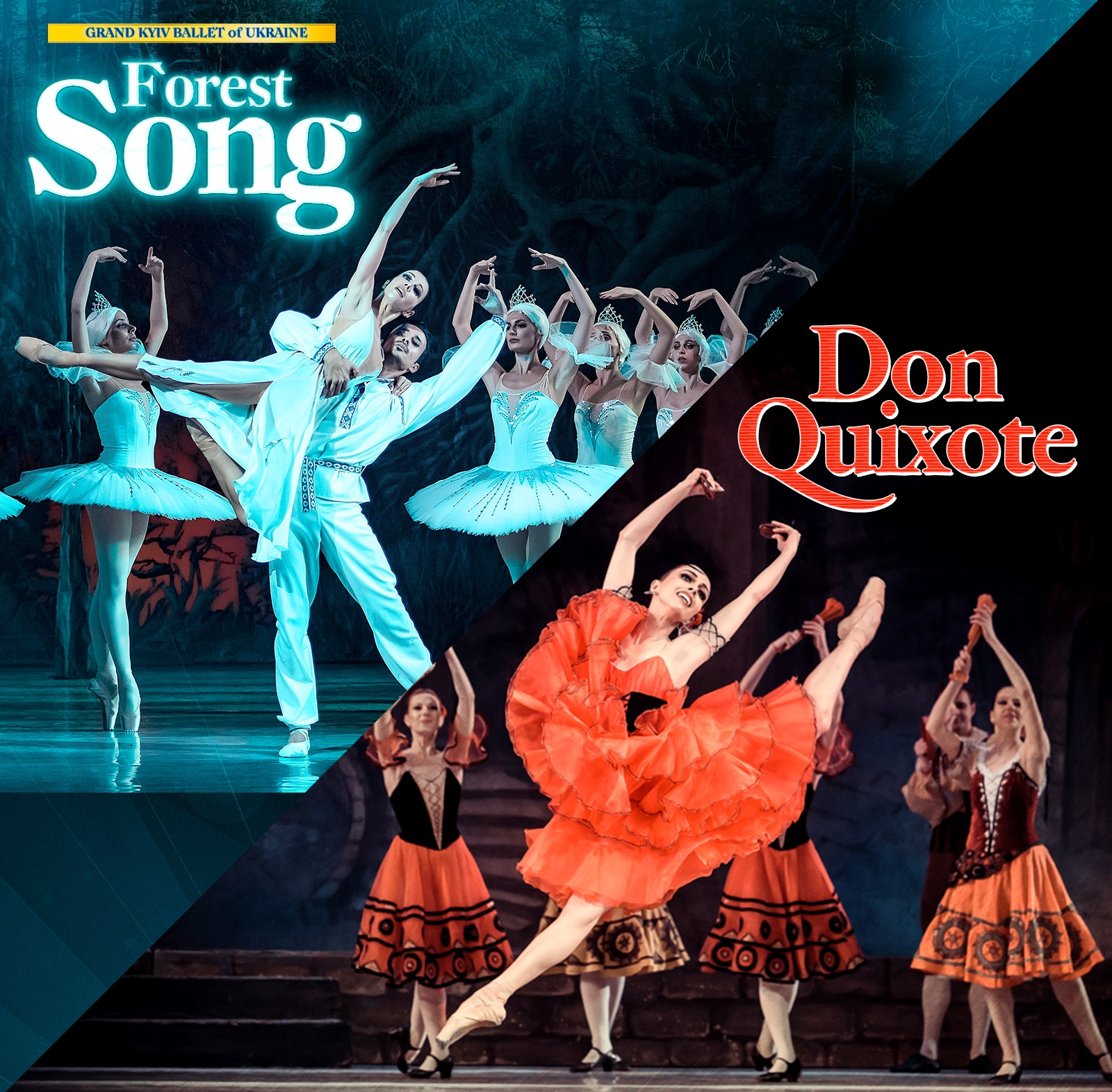 Forest Song and Don Quixote Two images of ballet dancers. One is of male and female dancers in white, and one is of female dancers in red