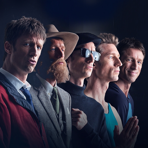 Sammy J - Good Hustle Five men standing in a staggered line against a black background. All of them are Sammy J as different characters.