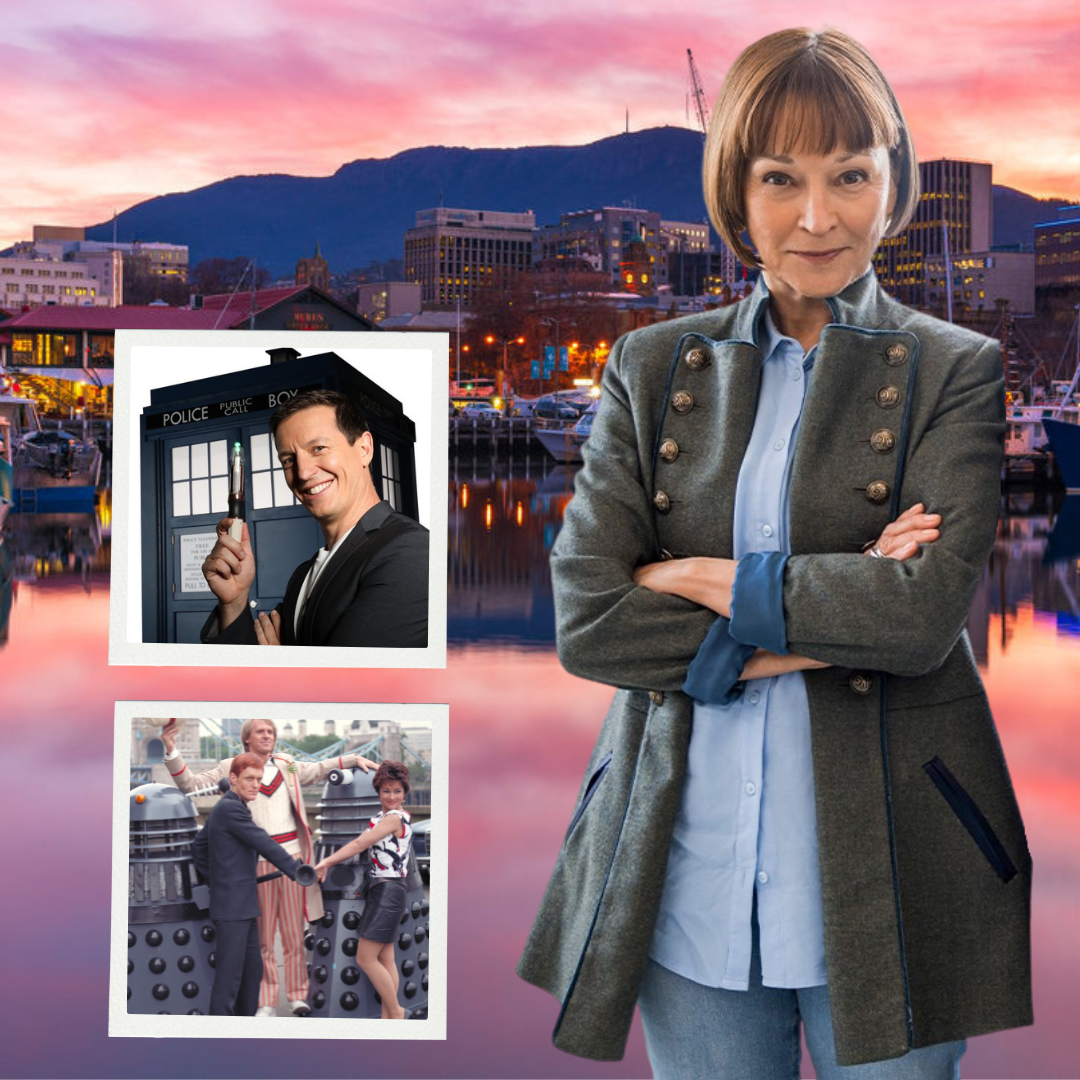 Janet Fiedling stands in front of an image of Hobart at sunset. She has her arms crossed and has a short brown bobbed hairdo with a fringe. There are two small, inset images with white borders. One of them is of Rove McManus
