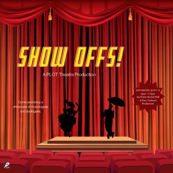 Show-Offs! A digital graphic of red theatre curtains, a stage and seating. There are two black silhouettes on stage. The text on the graphic says Show-Offs! in yellow.